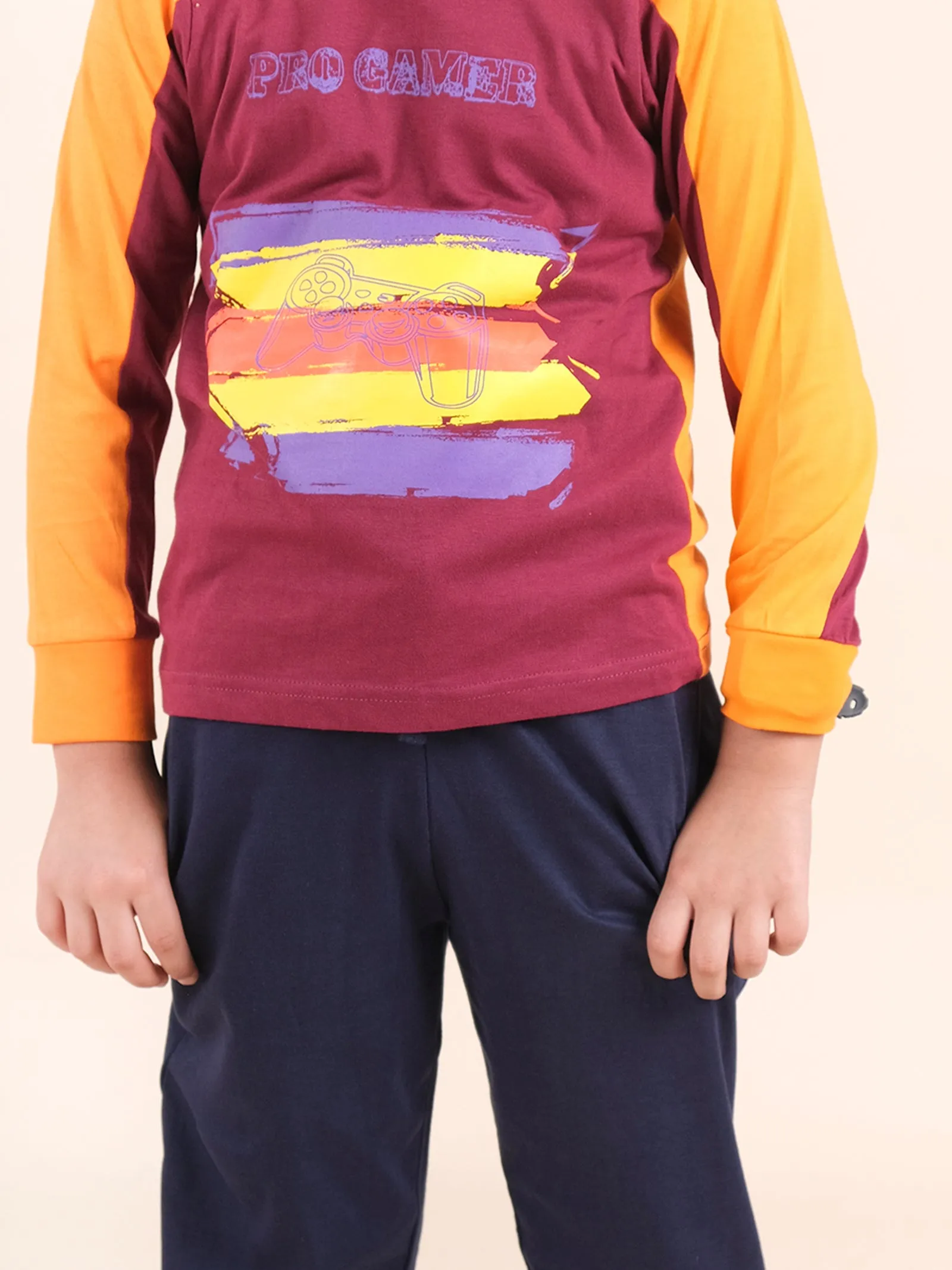 Boys Cotton Full Sleeves Printed Tee With Joggers Set
